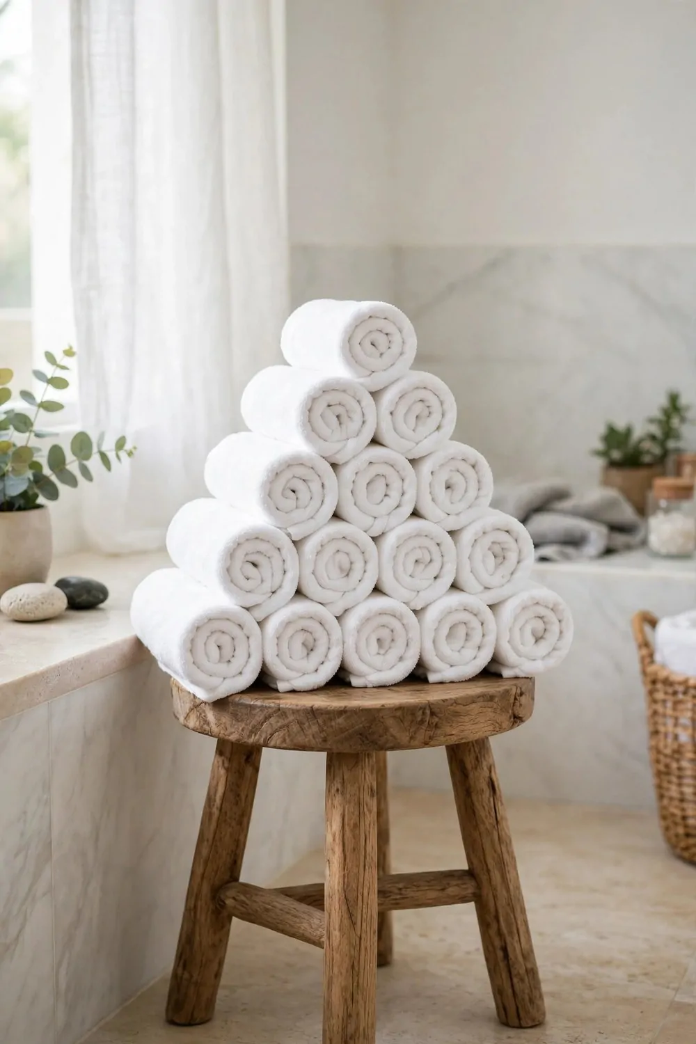 30 Design Ideas to Steal for Every Room in Your Home 10 White rolled towels stacked in a neat pyramid on a wooden stool in a bright bathroom