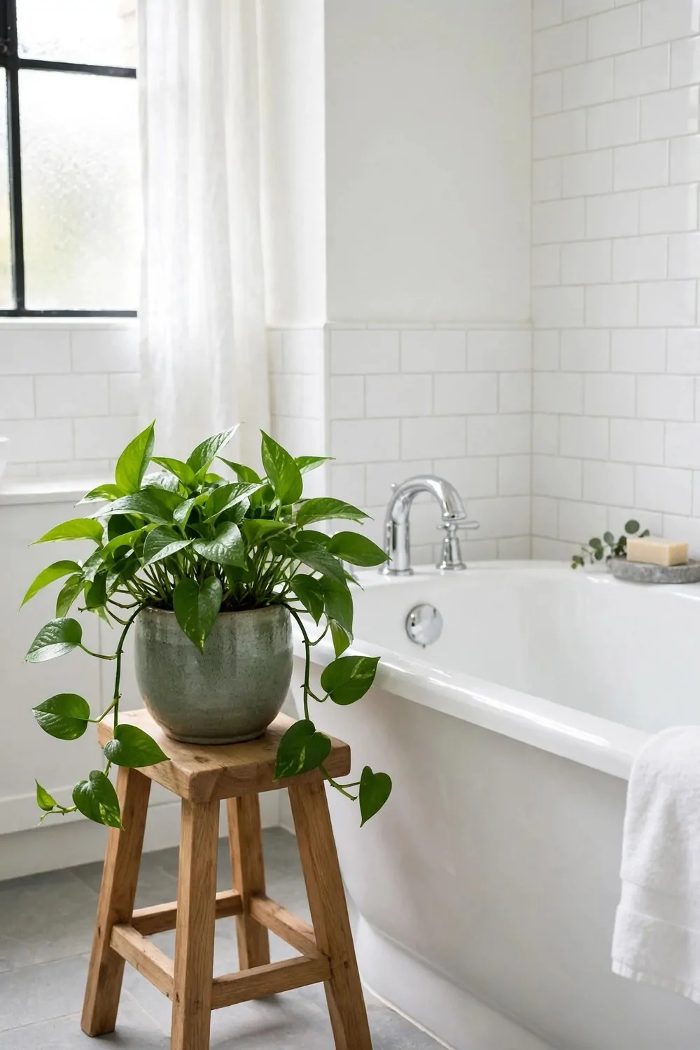 30 Design Ideas to Steal for Every Room in Your Home 11 A leafy green plant in a pot on a stool beside a bathtub in a bright bathroom