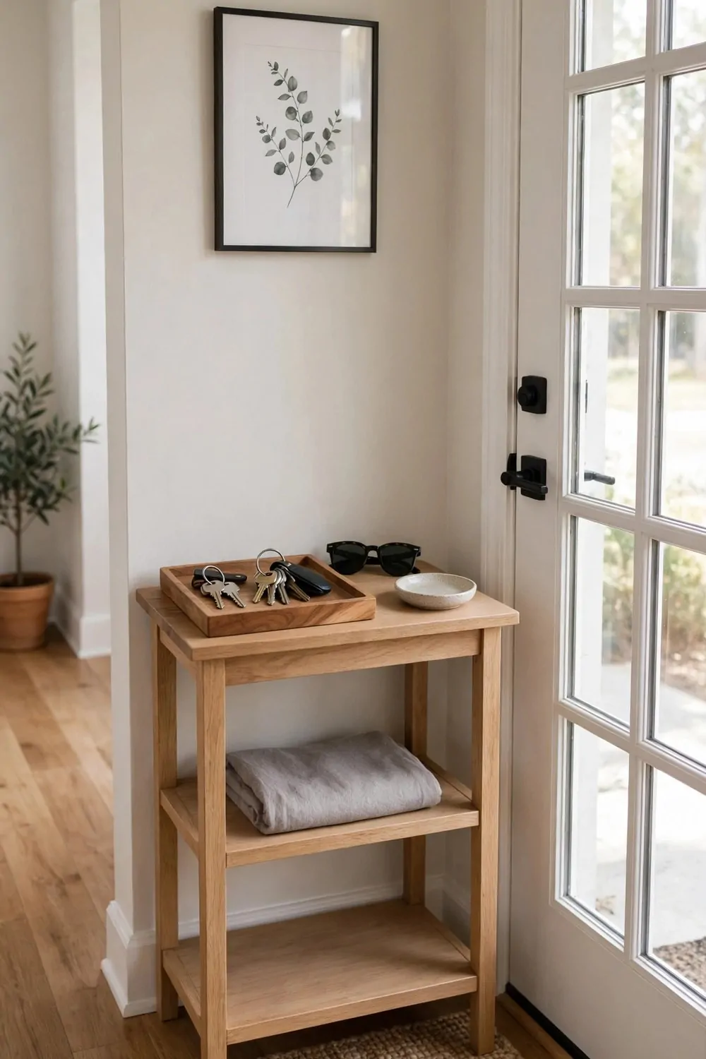 30 Design Ideas to Steal for Every Room in Your Home 12 A wooden tray on a hallway console holding keys, sunglasses and a small dish by the front door