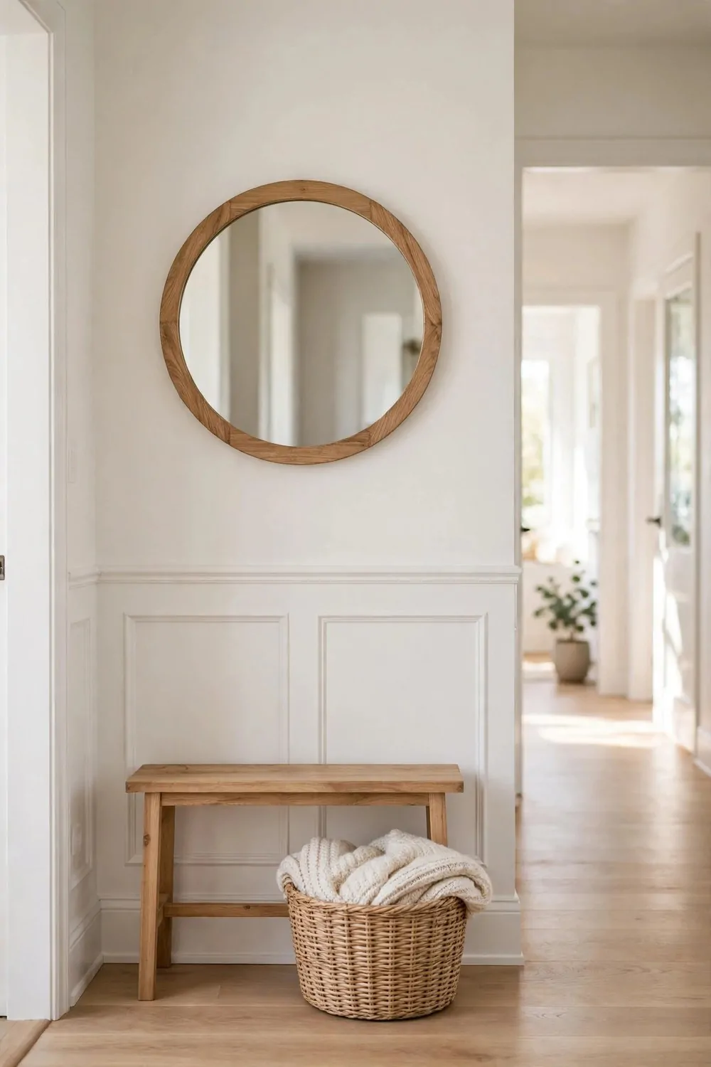 30 Design Ideas to Steal for Every Room in Your Home 13 A round mirror hung on an entryway wall above a small bench with a woven basket