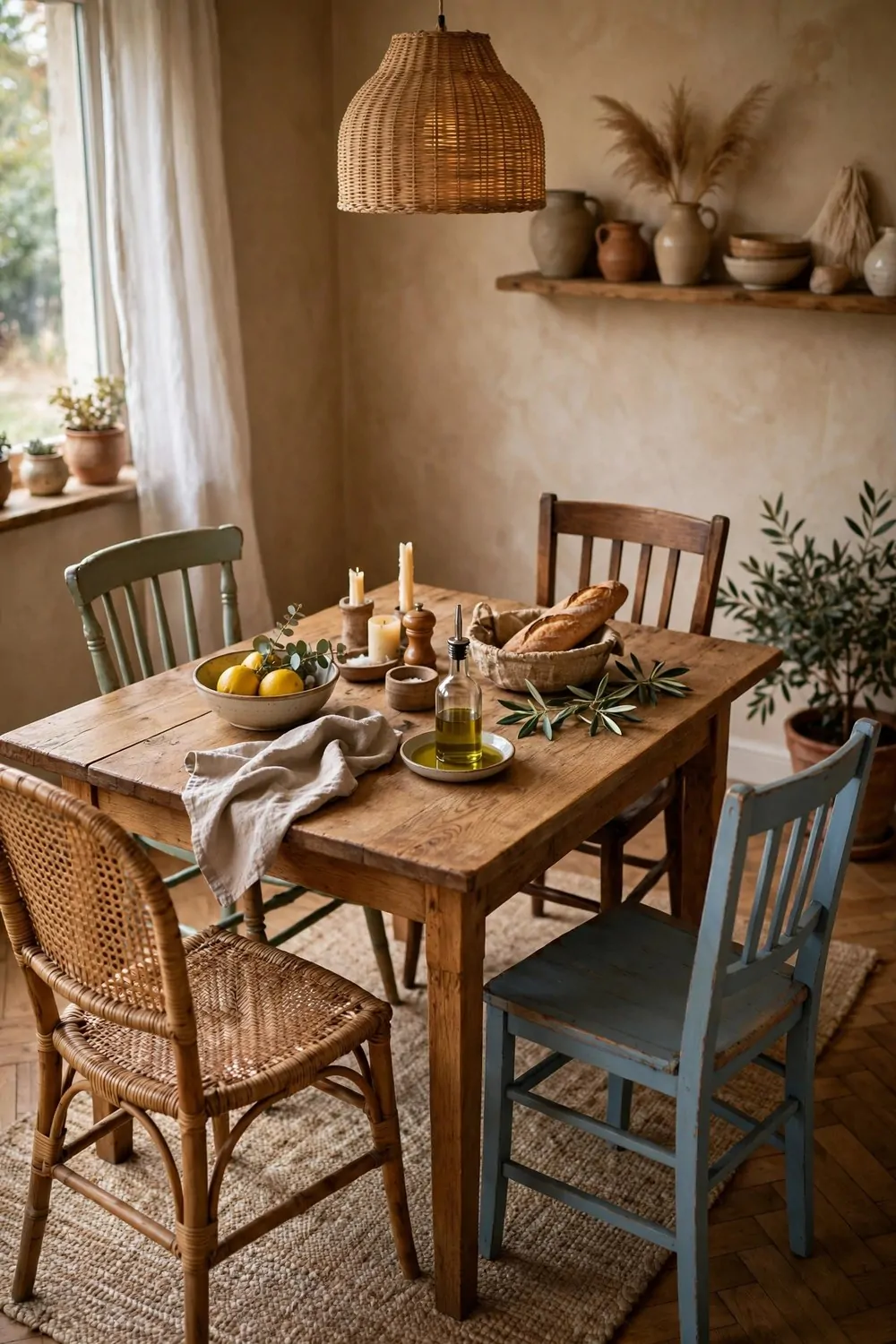 30 Design Ideas to Steal for Every Room in Your Home 14 A dining table surrounded by mismatched chairs in wood, rattan and painted finishes