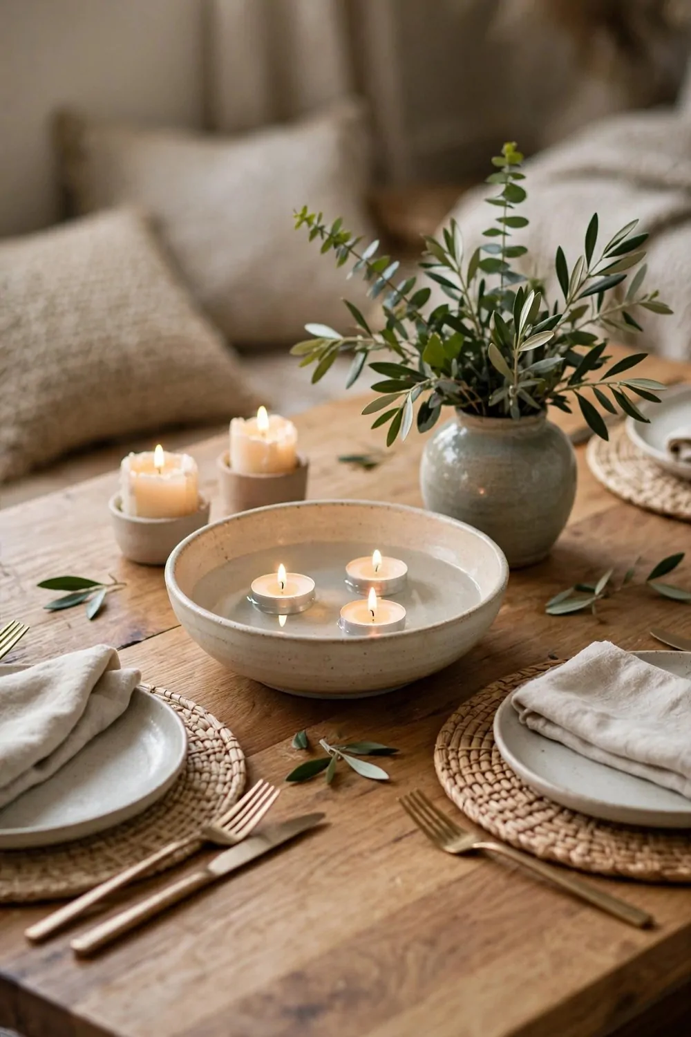 30 Design Ideas to Steal for Every Room in Your Home 15 A low dining table centerpiece with a shallow bowl, candles and a small vase of greenery