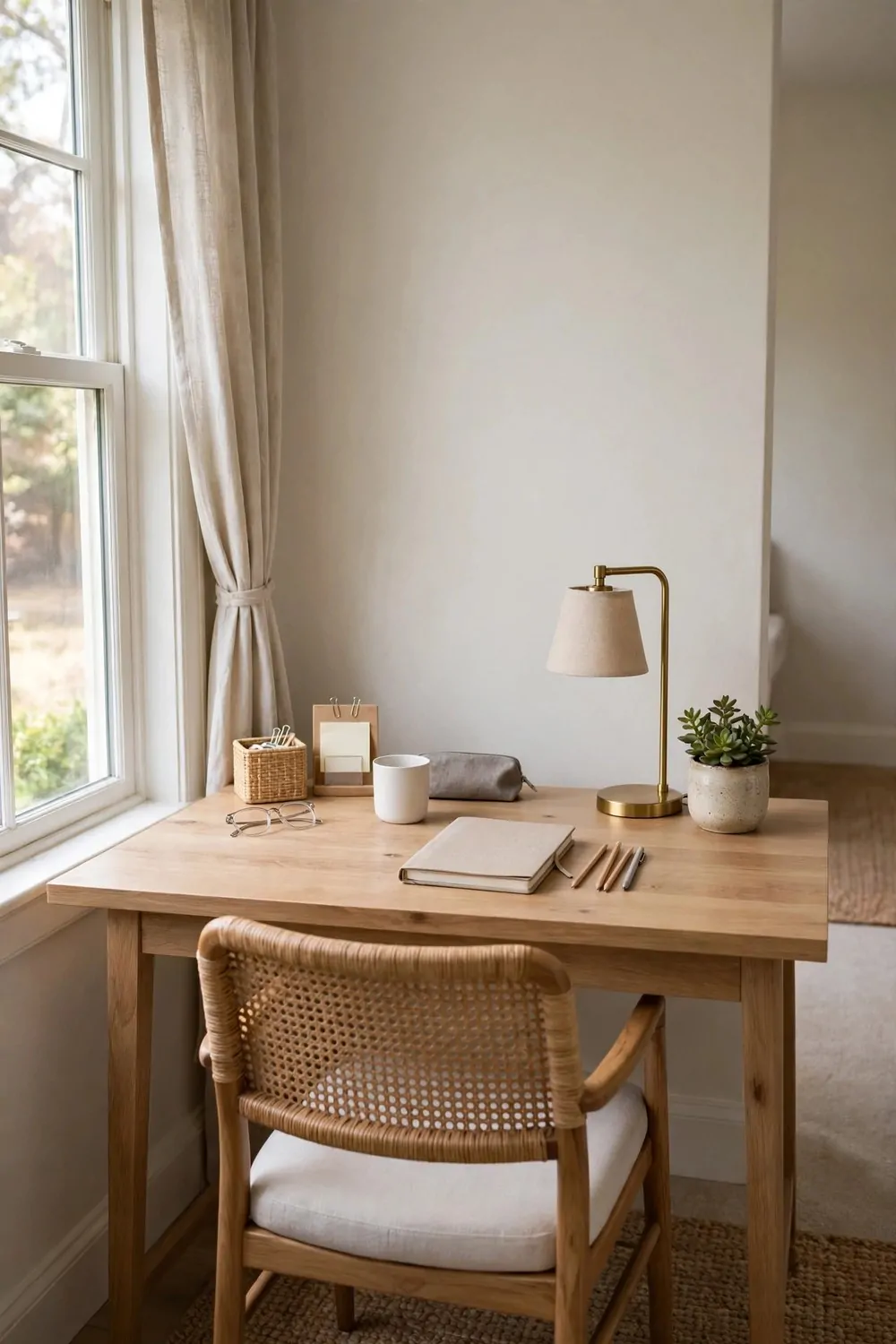30 Design Ideas to Steal for Every Room in Your Home 16 A home office desk facing into the room with a chair, a lamp and a window to one side