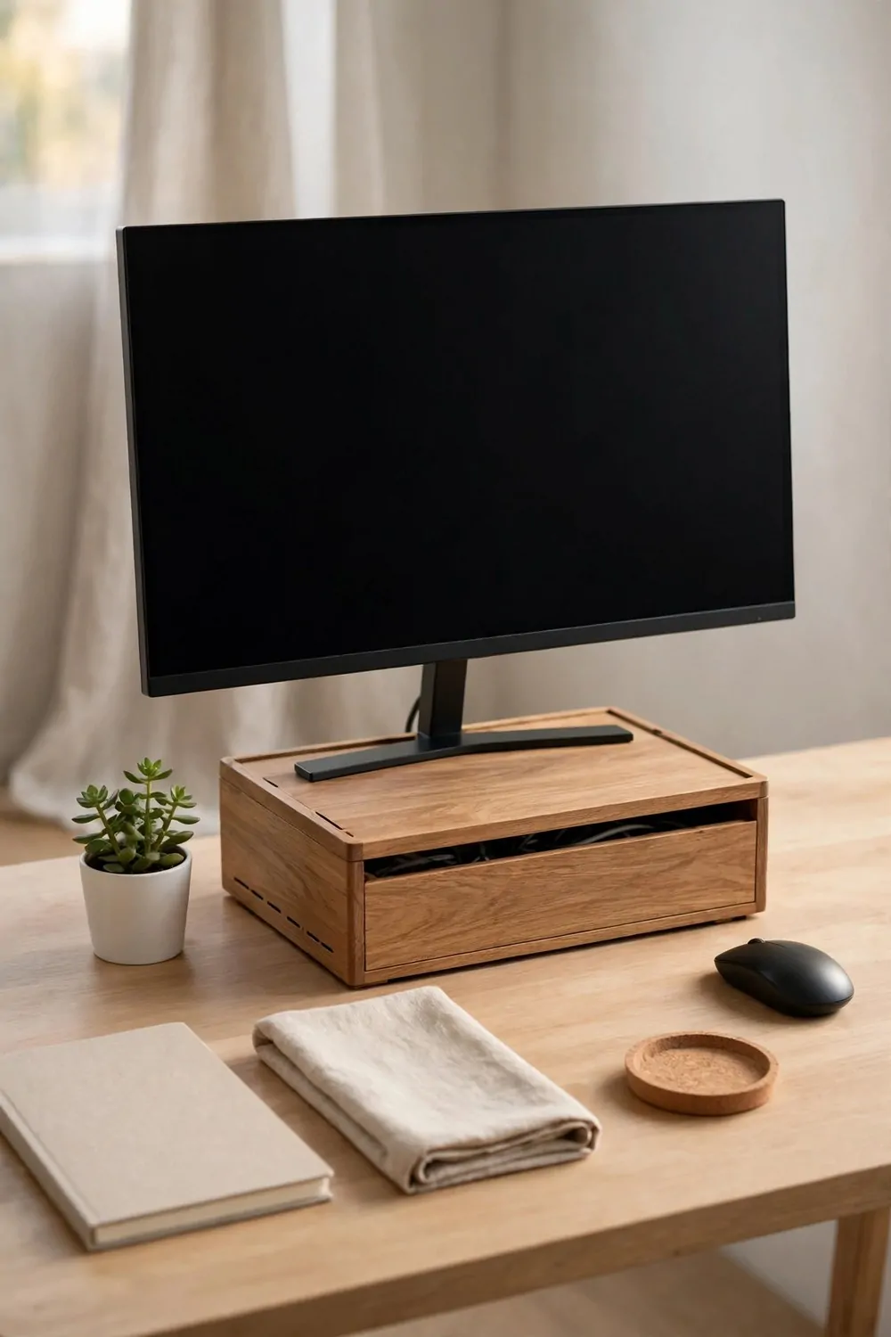 30 Design Ideas to Steal for Every Room in Your Home 17 A tidy desk with cables hidden inside a lidded wooden cable box under the monitor
