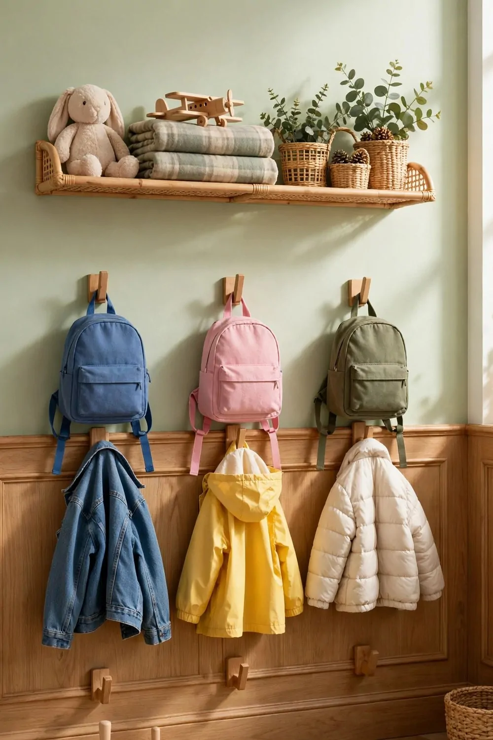 30 Design Ideas to Steal for Every Room in Your Home 18 A kids bedroom wall with low wooden hooks holding small backpacks and jackets at child height