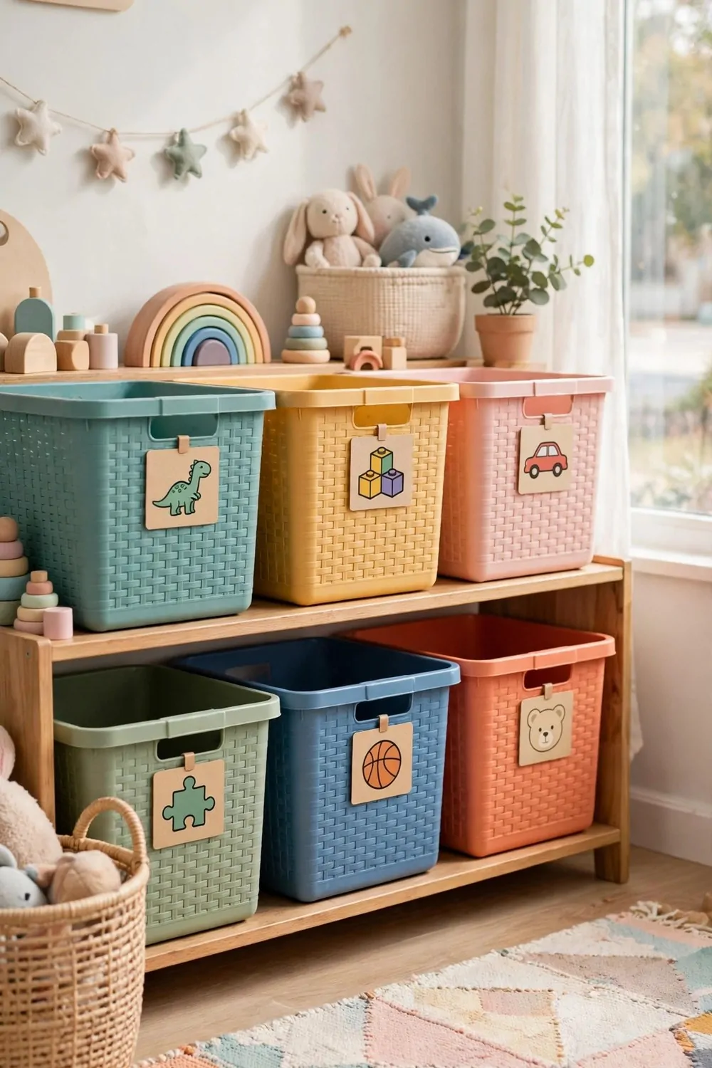 30 Design Ideas to Steal for Every Room in Your Home 19 Labeled toy storage bins with picture labels on low shelves in a bright kids playroom