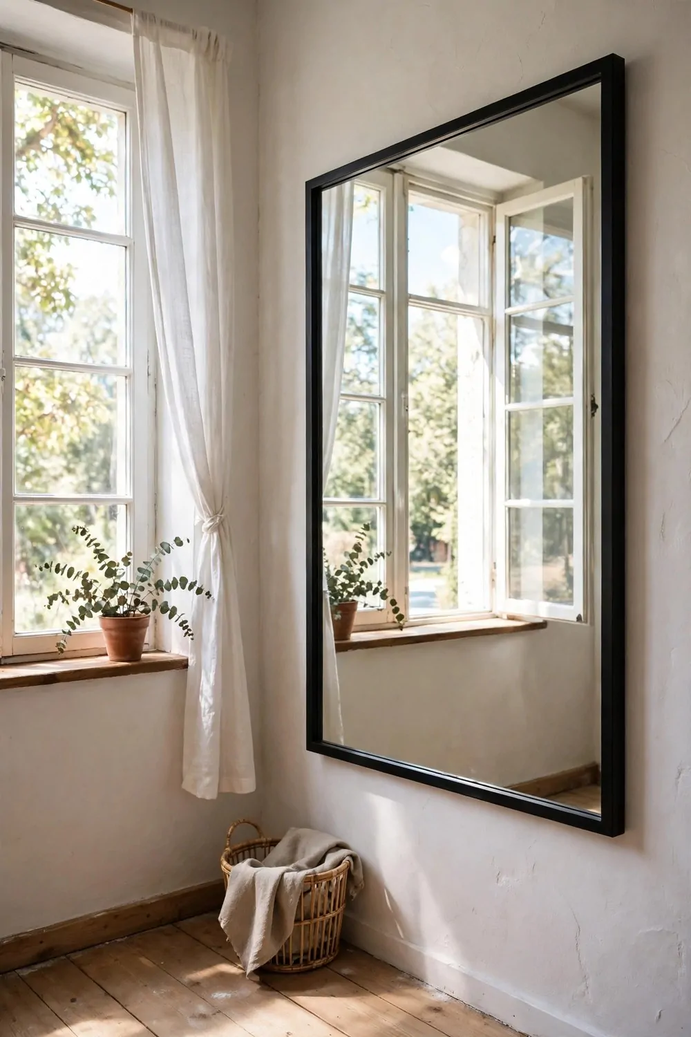 30 Design Ideas to Steal for Every Room in Your Home 20 A large mirror hung on a wall across from a bright window reflecting daylight into a small room