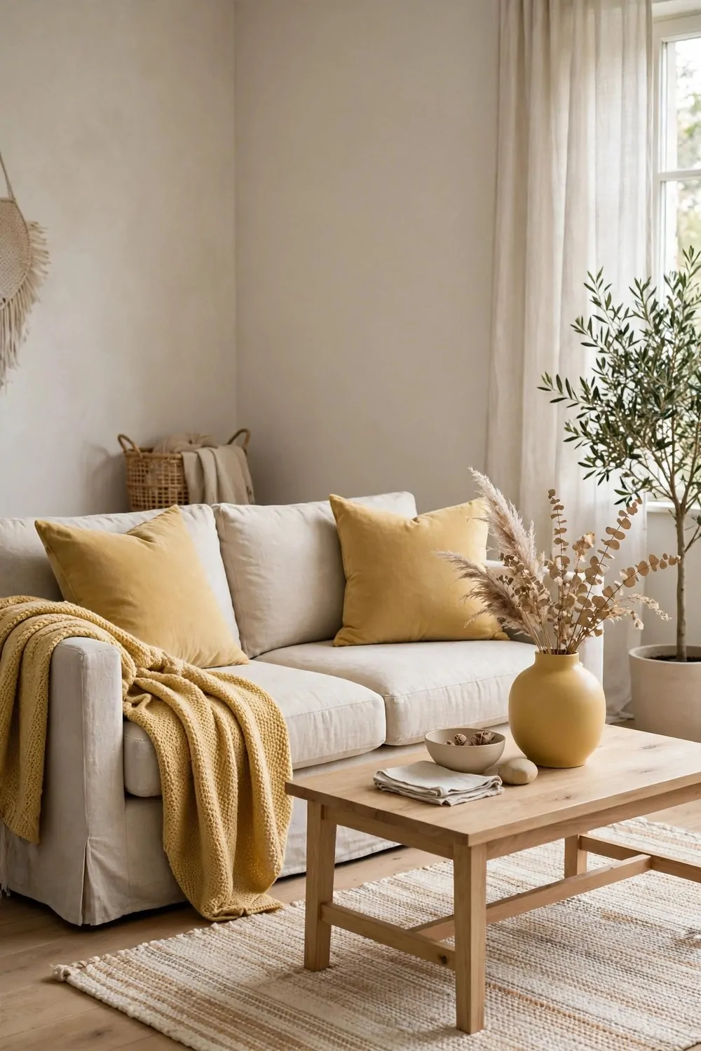 30 Design Ideas to Steal for Every Room in Your Home 22 A living room repeating a soft mustard color in cushions, a throw and a vase