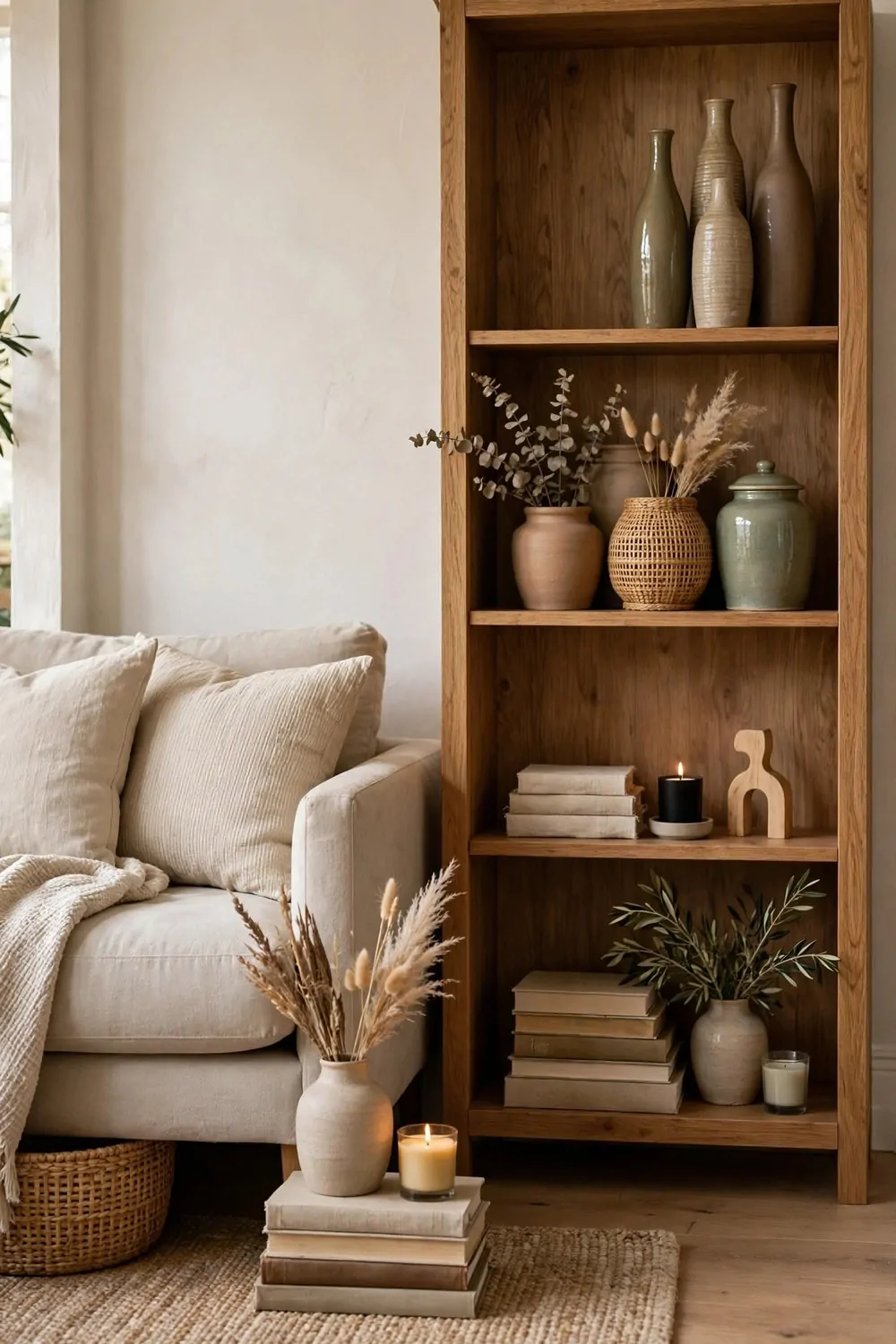 30 Design Ideas to Steal for Every Room in Your Home 23 A styled bookshelf with tall, medium and low objects grouped in threes beside a sofa
