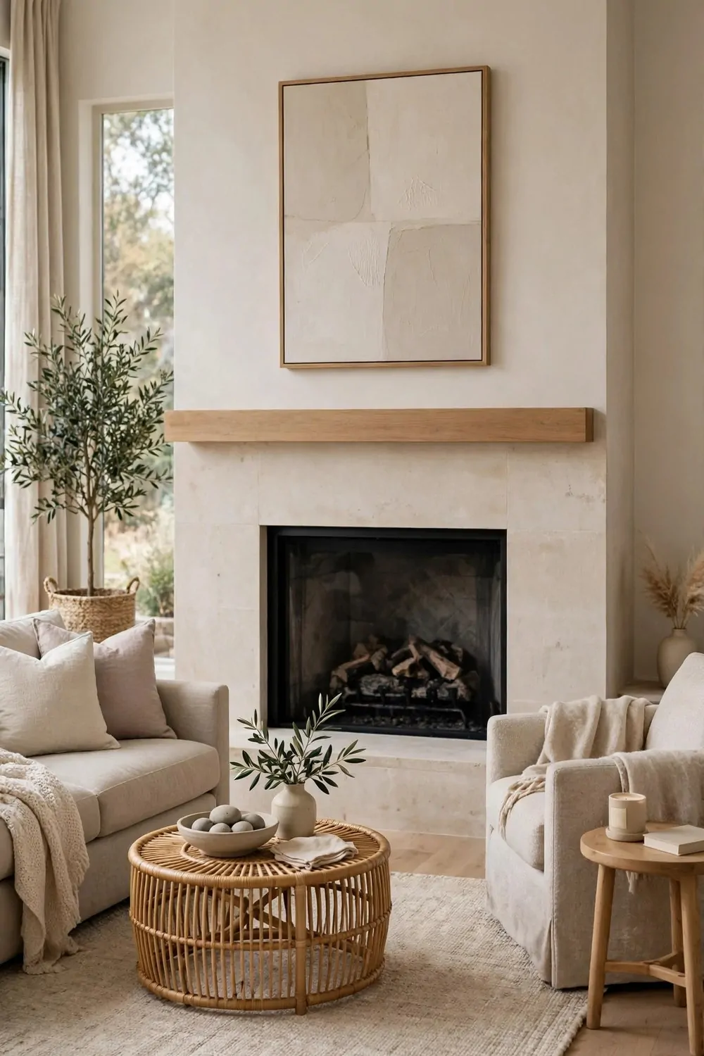 30 Design Ideas to Steal for Every Room in Your Home 24 A living room with one clear focal point, a large fireplace with a simple mantel and one artwork
