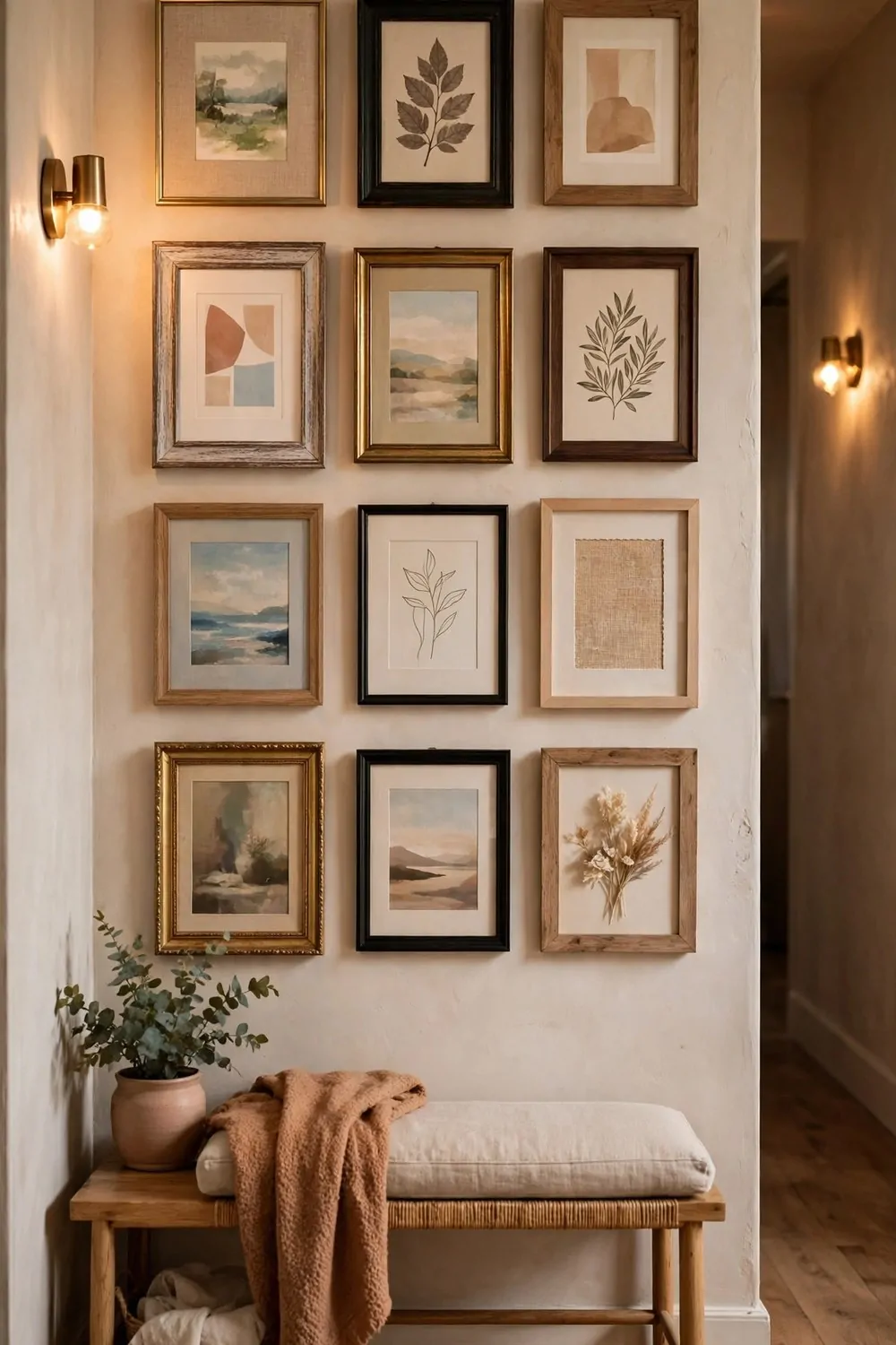 30 Design Ideas to Steal for Every Room in Your Home 26 A hallway gallery wall of mismatched frames hung in a neat grid above a narrow bench