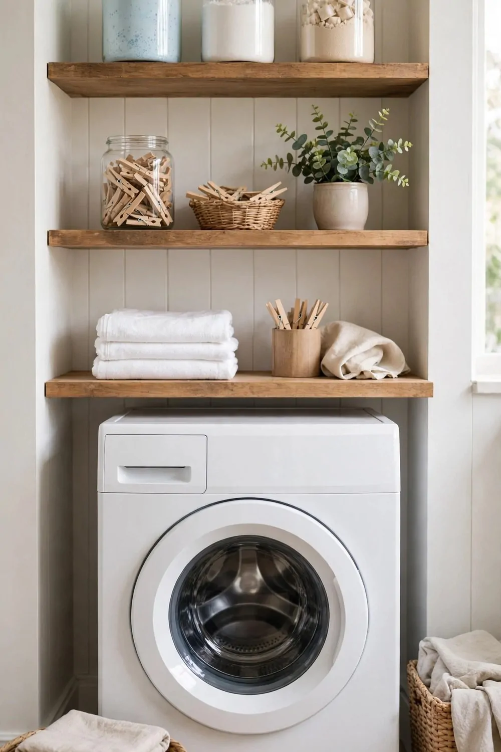 30 Design Ideas to Steal for Every Room in Your Home 27 A laundry room with glass jars of detergent and clothespins on open wooden shelves