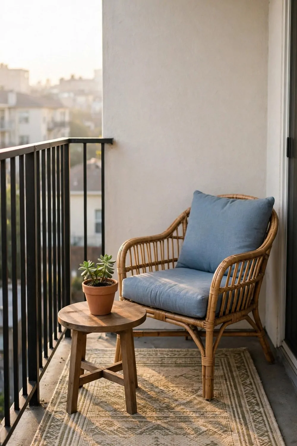 30 Design Ideas to Steal for Every Room in Your Home 29 A small balcony with an outdoor rug, one comfortable chair and a potted plant