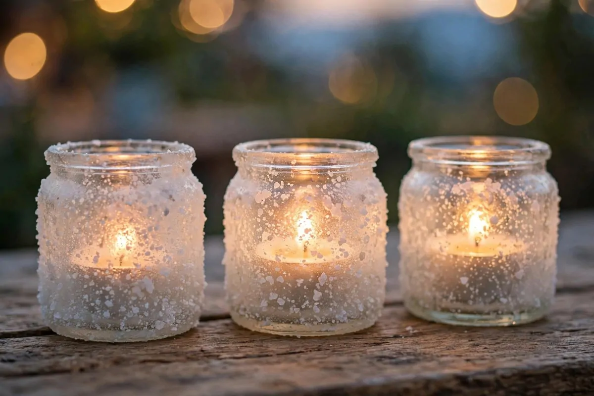 30 DIY Home Decor Projects That Look Store-Bought 1 Three frosted sea-salt glass jar candle holders glowing with tealights on a wooden table