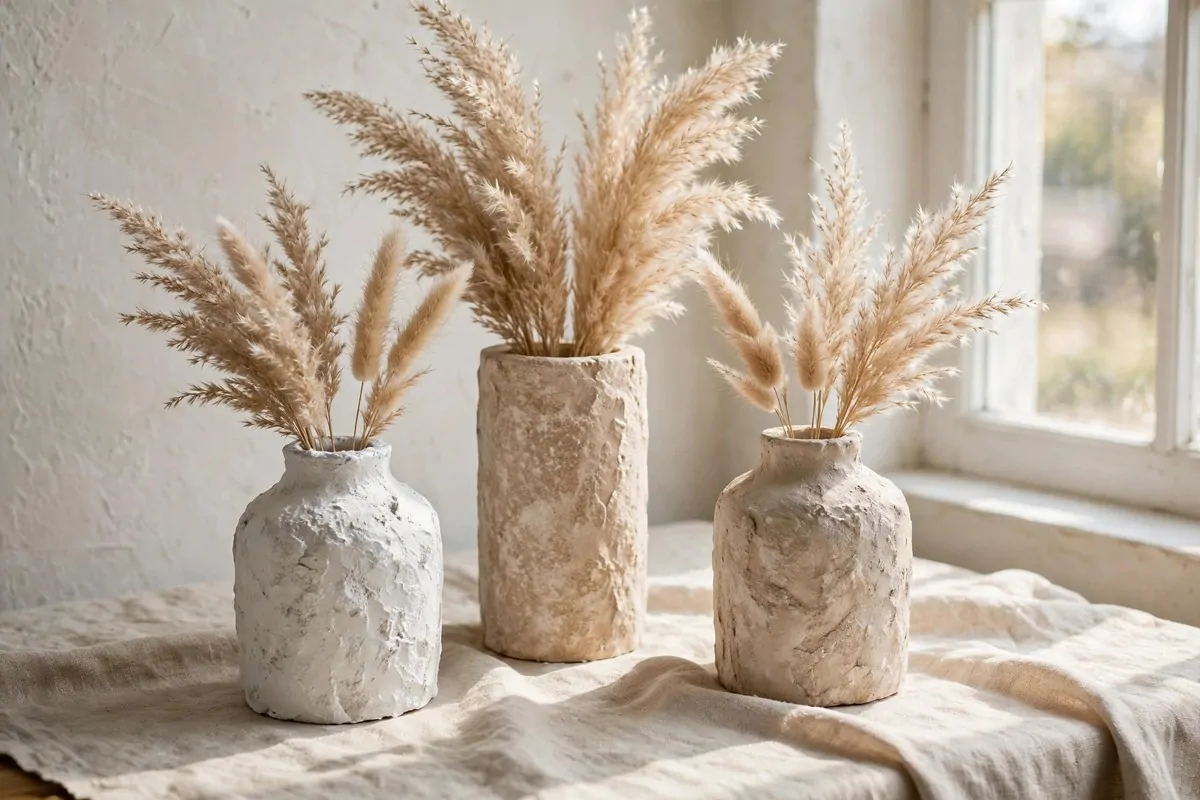 30 DIY Home Decor Projects That Look Store-Bought 2 Matte stone-textured vases in off-white and beige holding dried pampas grass