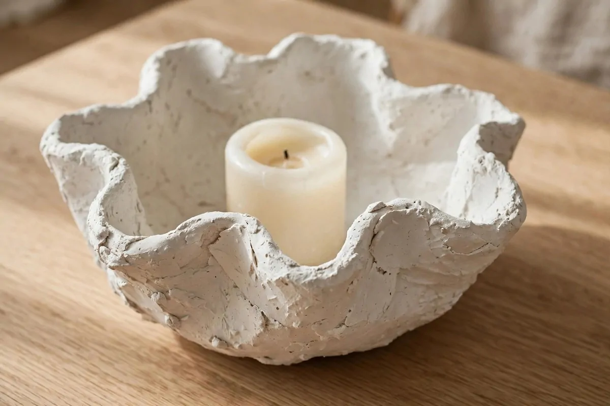 30 DIY Home Decor Projects That Look Store-Bought 3 Organic white plaster bowl with wavy edges holding a pillar candle on an oak table
