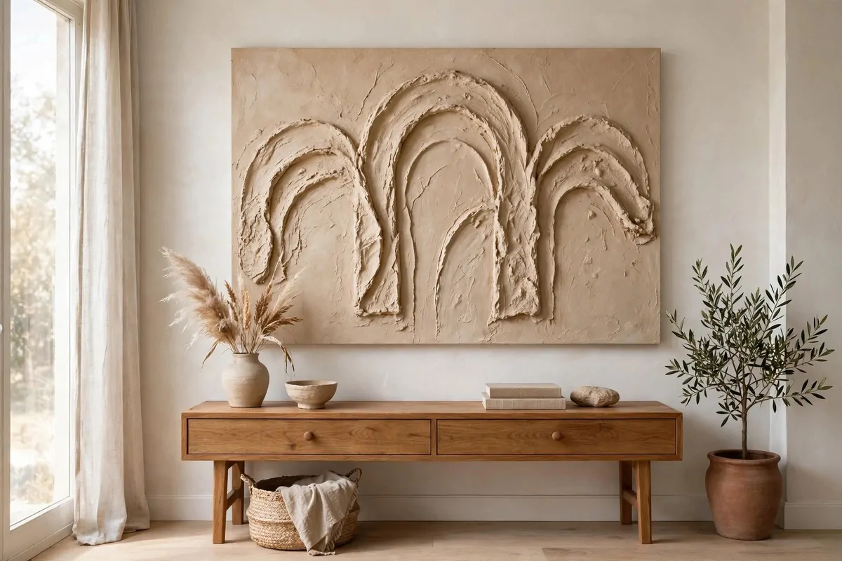 30 DIY Home Decor Projects That Look Store-Bought 4 Large textured plaster arch wall art in sand tones above a wooden console