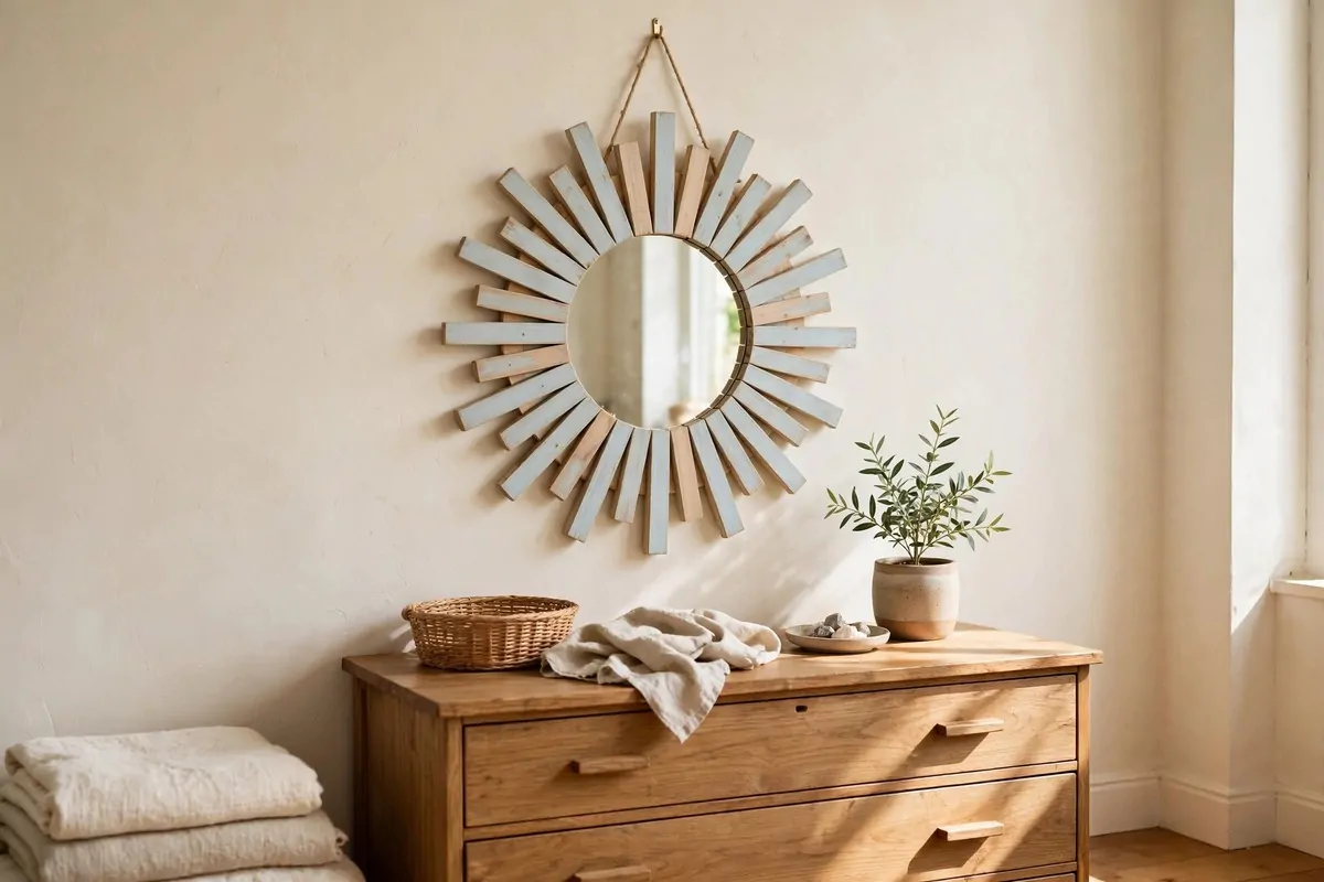 30 DIY Home Decor Projects That Look Store-Bought 5 Handmade sunburst mirror with pale blue wooden shim rays above a dresser