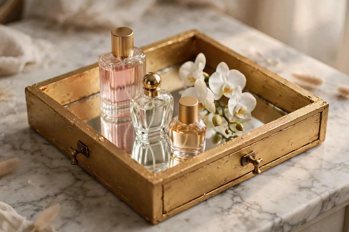 30 DIY Home Decor Projects That Look Store-Bought 6 Gold-framed mirrored tray holding perfume bottles and an orchid sprig on a marble vanity