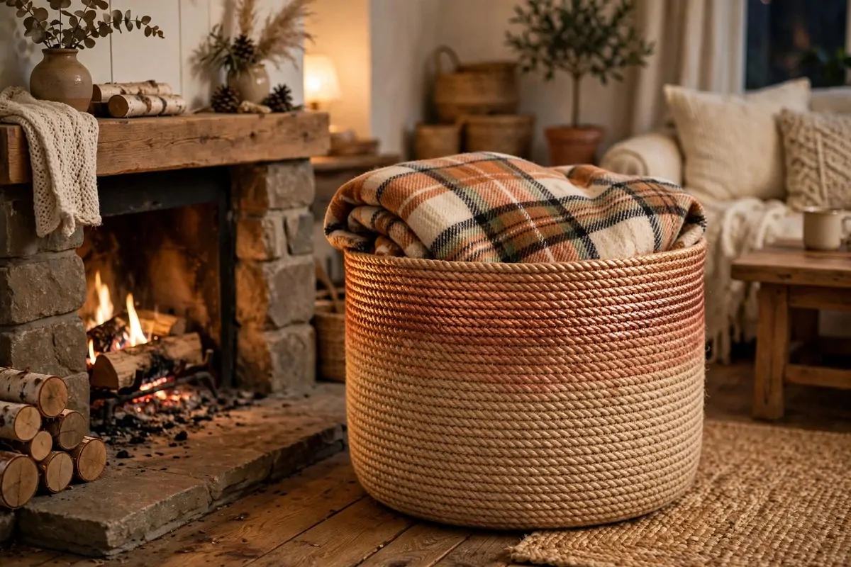 30 DIY Home Decor Projects That Look Store-Bought 7 Round jute rope wrapped storage basket holding a plaid throw beside a fireplace