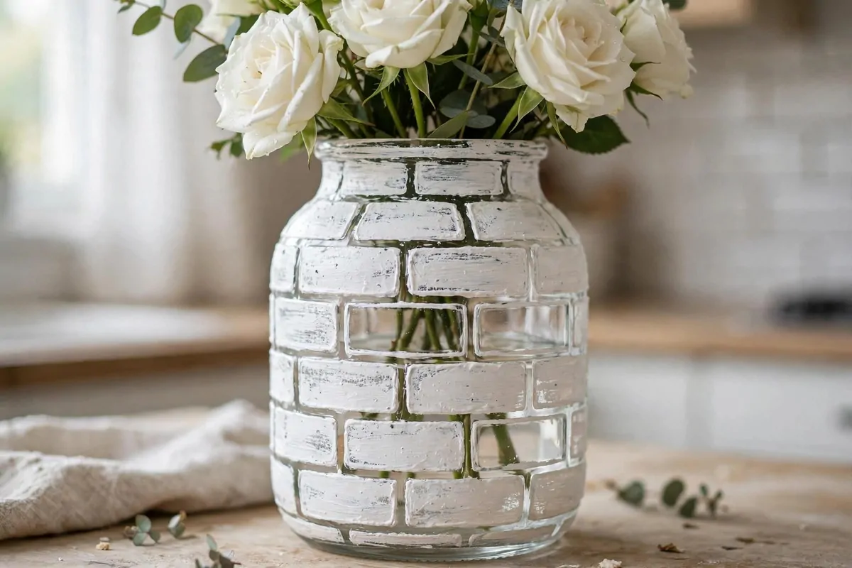 30 DIY Home Decor Projects That Look Store-Bought 8 Glass vase with faux white-brick finish holding white roses on a kitchen counter