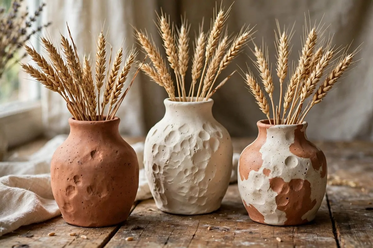 30 DIY Home Decor Projects That Look Store-Bought 9 Handmade air-dry clay vases with stoneware look holding dried wheat