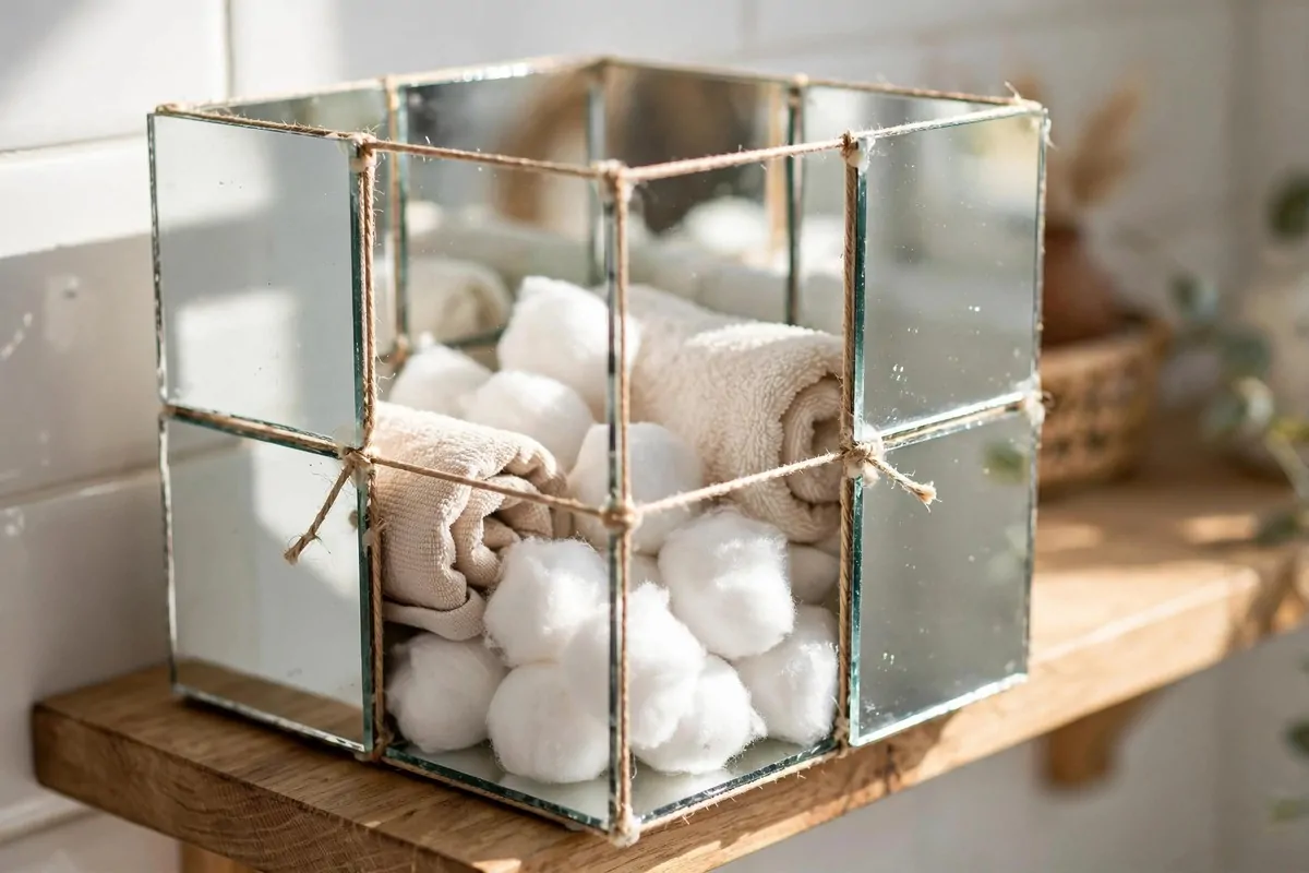 30 DIY Home Decor Projects That Look Store-Bought 10 Handmade mirrored storage box holding towels and cotton balls on a bathroom shelf