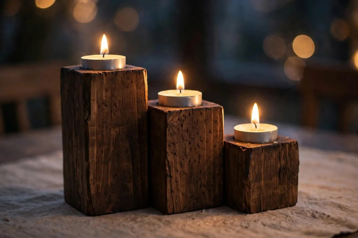 30 DIY Home Decor Projects That Look Store-Bought 11 Wooden block candle holder trio with tealights glowing on a dining table