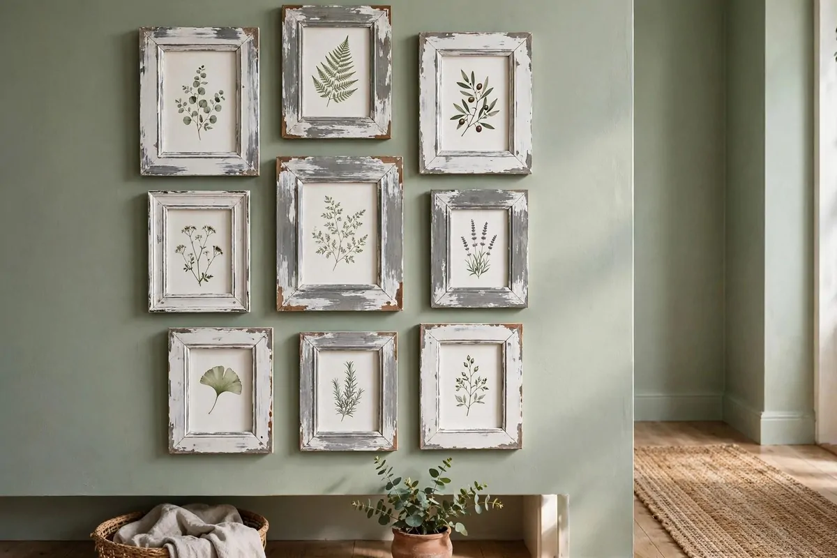 30 DIY Home Decor Projects That Look Store-Bought 12 Gallery wall of distressed chalk-painted frames with botanical prints on a sage wall