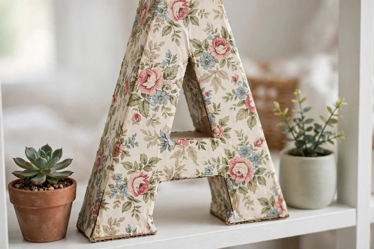 30 DIY Home Decor Projects That Look Store-Bought 13 Floral fabric covered cardboard letter A on a white nursery shelf
