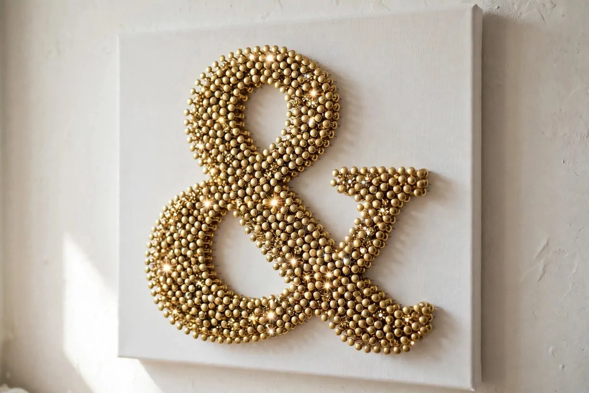30 DIY Home Decor Projects That Look Store-Bought 14 Gold ampersand made of thumbtacks on a white canvas on a bedroom wall