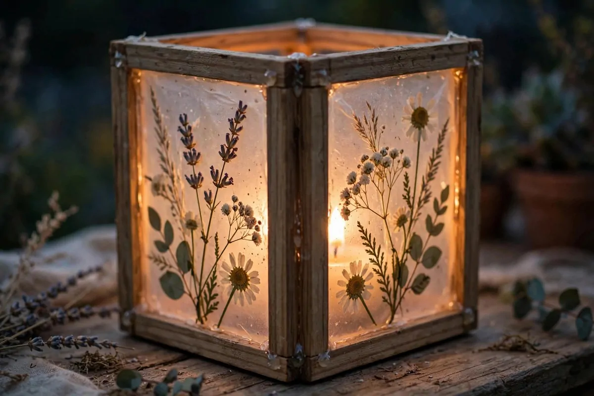 30 DIY Home Decor Projects That Look Store-Bought 15 Photo frame lantern with glowing vellum botanical panels on a side table at dusk