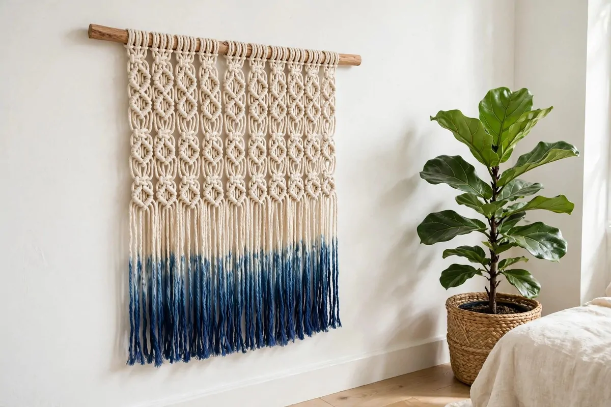 30 DIY Home Decor Projects That Look Store-Bought 16 Handmade macrame wall hanging with dip-dyed fringe on a living room wall