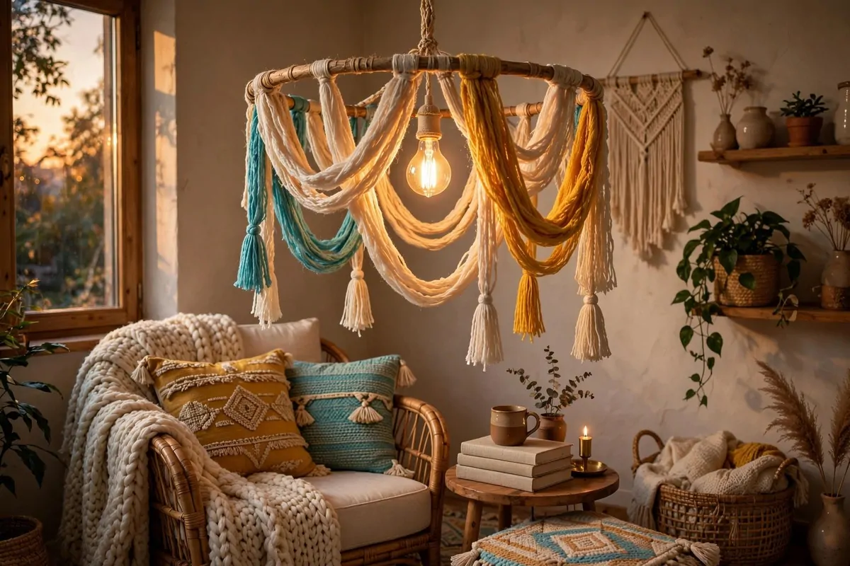 30 DIY Home Decor Projects That Look Store-Bought 17 Yarn swag hoop chandelier glowing over a reading nook armchair