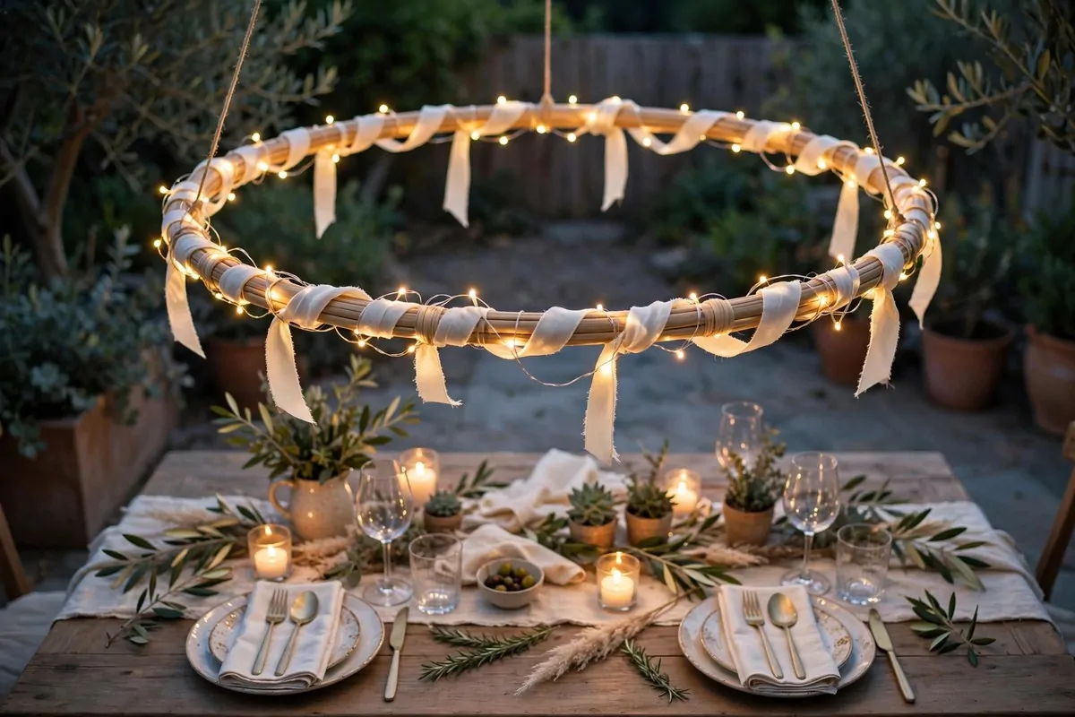 30 DIY Home Decor Projects That Look Store-Bought 18 Hula hoop fairy light chandelier glowing above a patio dinner table at dusk