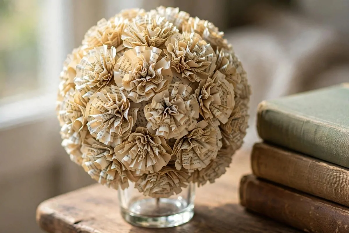 30 DIY Home Decor Projects That Look Store-Bought 19 Paper flower topiary ball from book pages in a candle holder on a side table