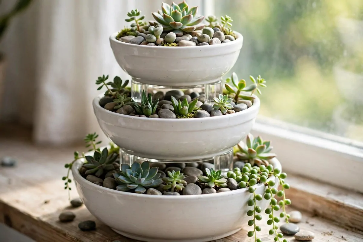 30 DIY Home Decor Projects That Look Store-Bought 20 Tiered succulent planter made from stacked white ceramic bowls on a windowsill