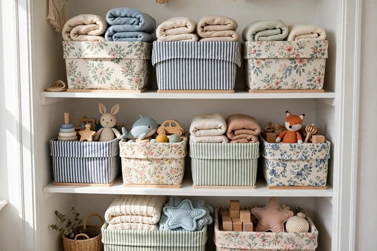 30 DIY Home Decor Projects That Look Store-Bought 21 Fabric-lined storage bins neatly arranged on white closet shelves