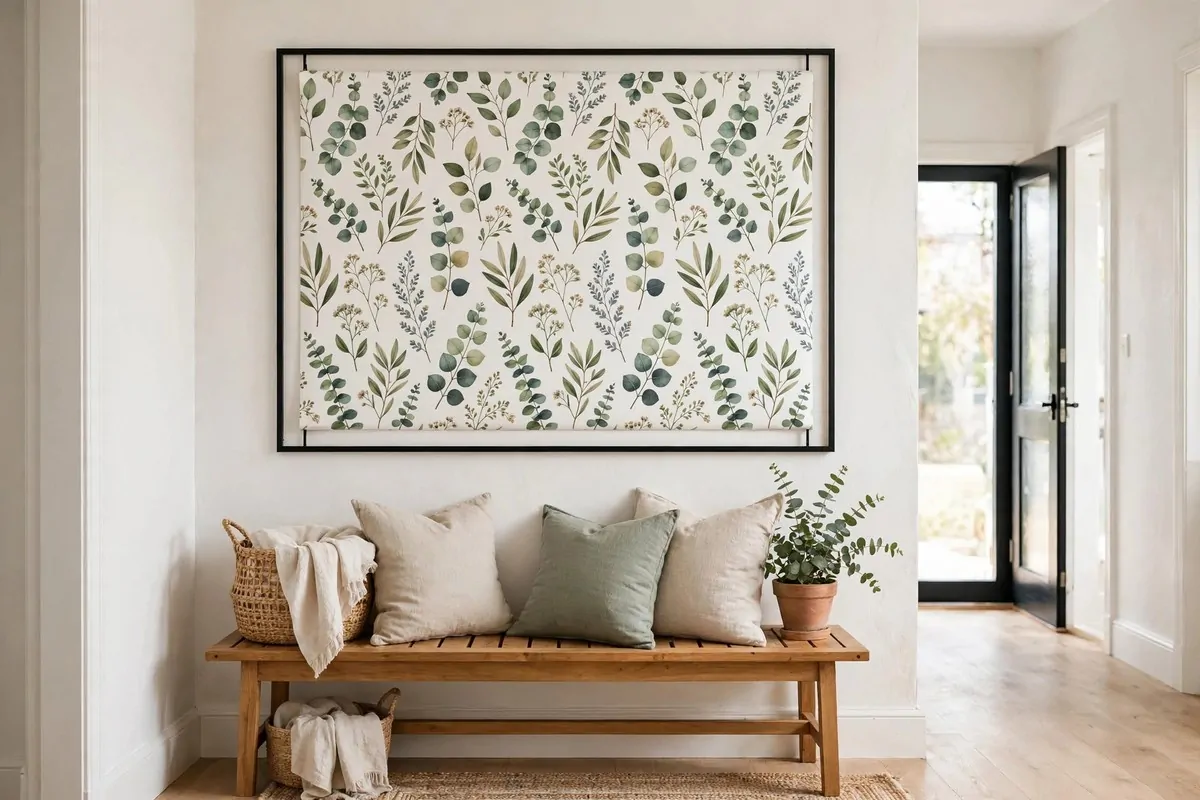 30 DIY Home Decor Projects That Look Store-Bought 22 Oversized framed botanical gift wrap art hanging in a bright hallway