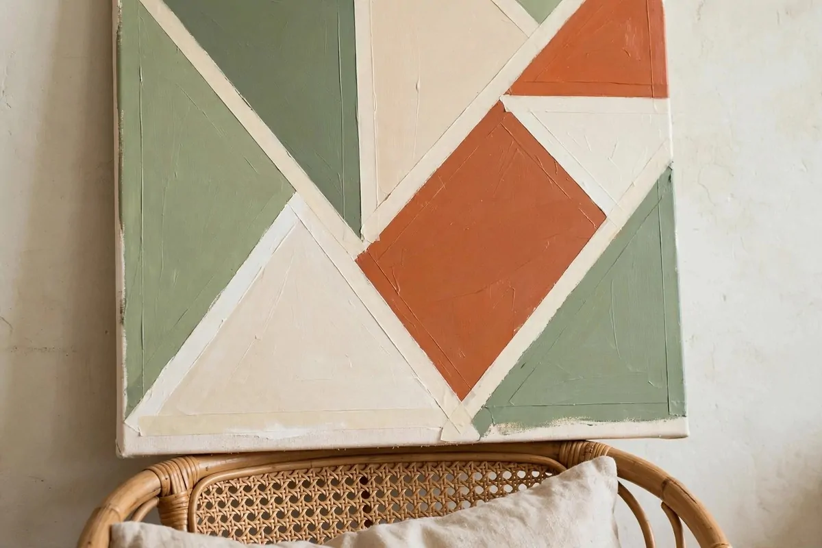 30 DIY Home Decor Projects That Look Store-Bought 23 Geometric tape abstract canvas in sage, terracotta and cream leaning on a wall