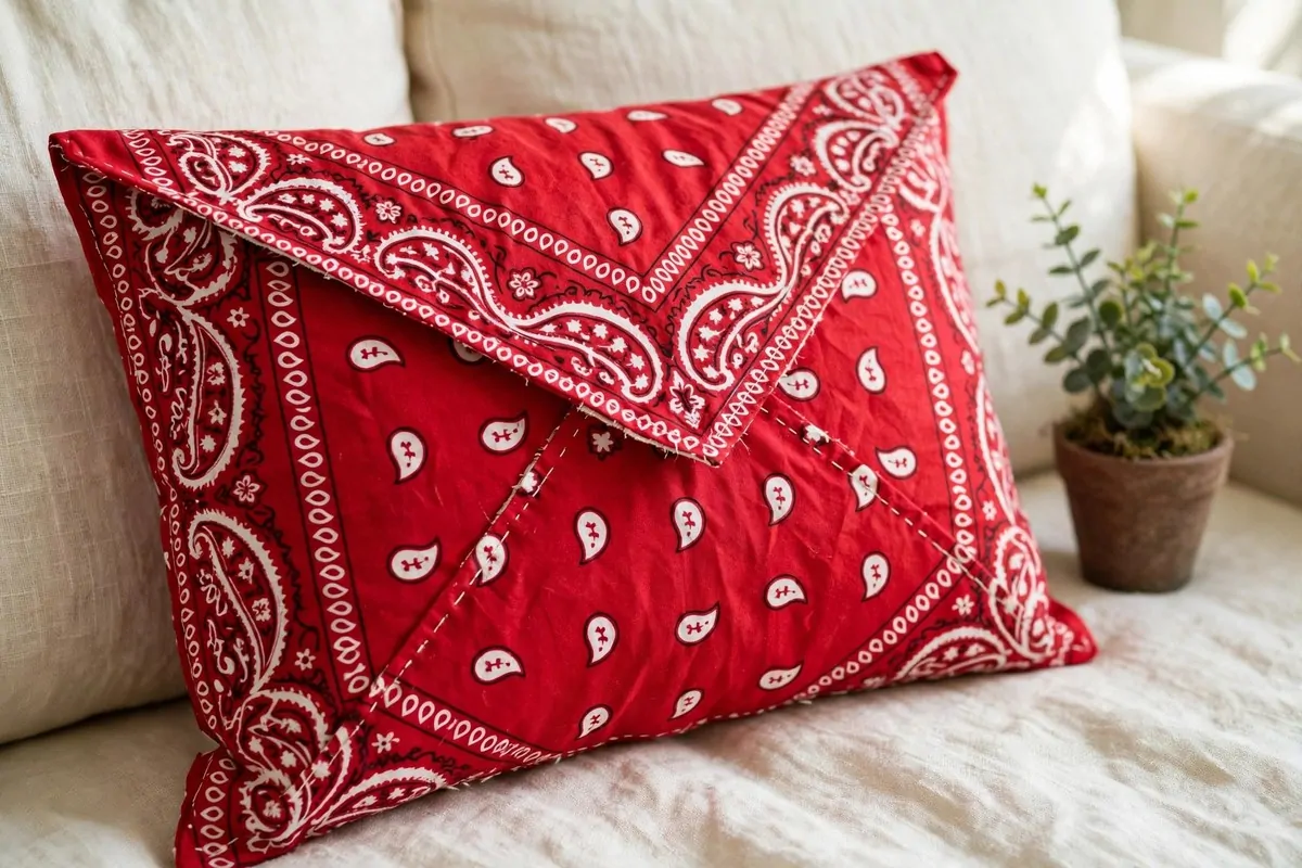 30 DIY Home Decor Projects That Look Store-Bought 24 Bandana fabric envelope pillow cover on a cream linen sofa