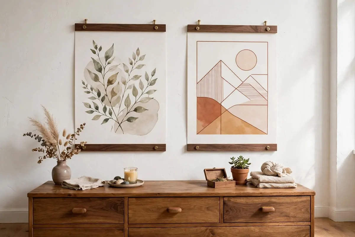 30 DIY Home Decor Projects That Look Store-Bought 25 Art posters hung with magnetic wooden hangers on a bedroom wall