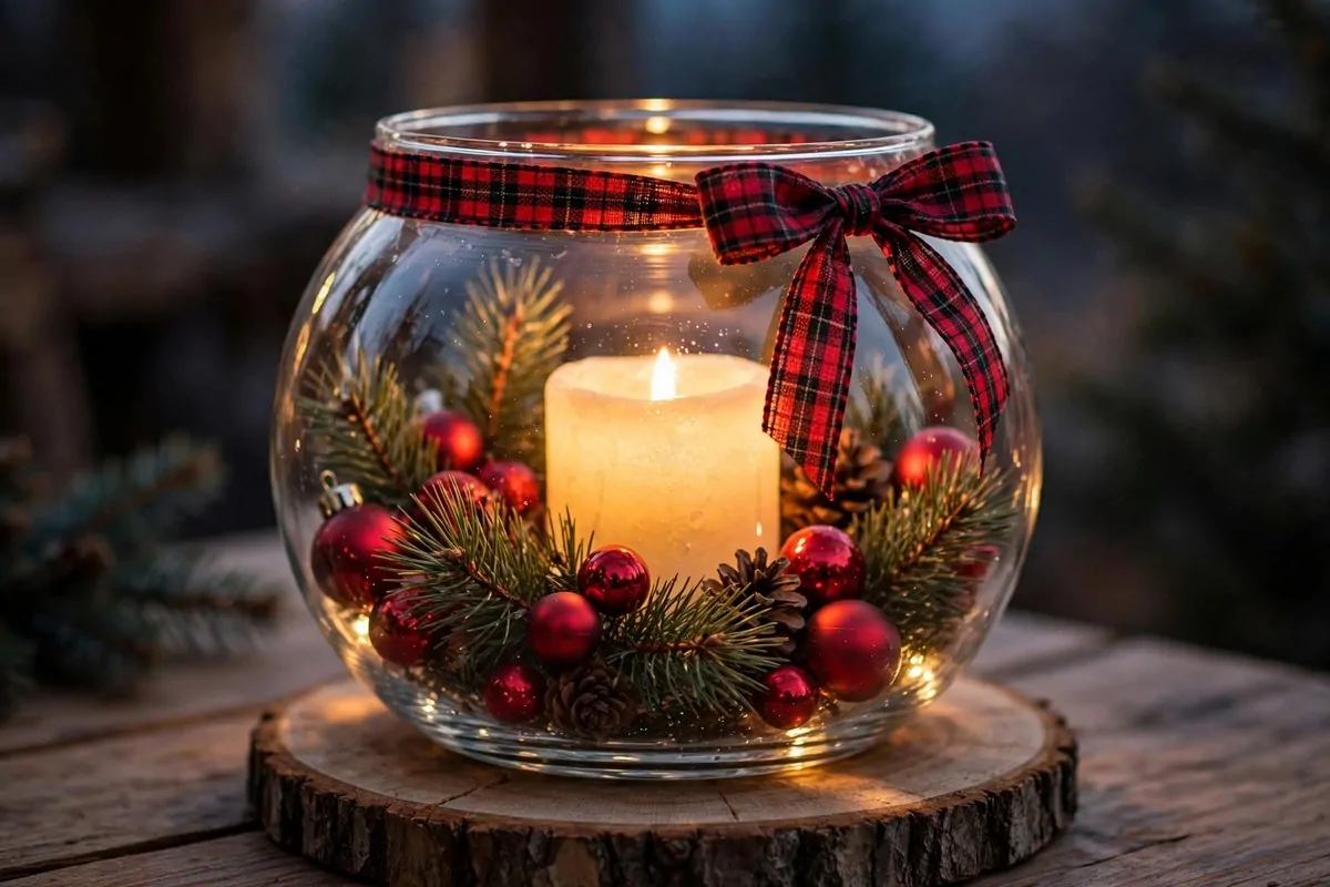 30 DIY Home Decor Projects That Look Store-Bought 26 Glowing glass fishbowl globe with candle and ornaments on a wood slice base