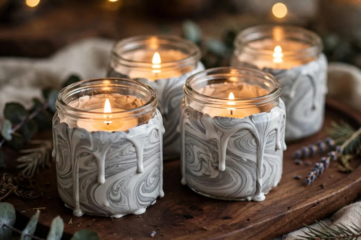 30 DIY Home Decor Projects That Look Store-Bought 27 Marble-dipped candle jars glowing on a dark walnut tray