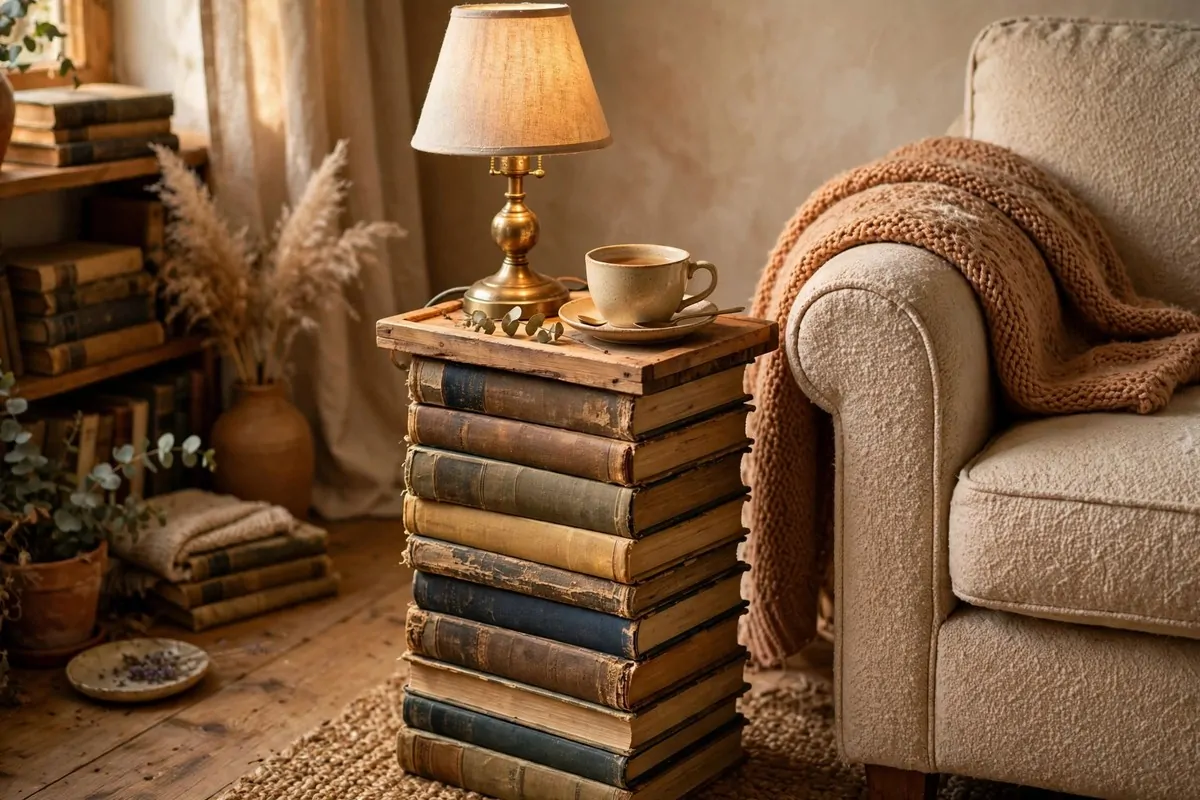 30 DIY Home Decor Projects That Look Store-Bought 28 Side table made from a tall stack of old hardcover books with a brass lamp
