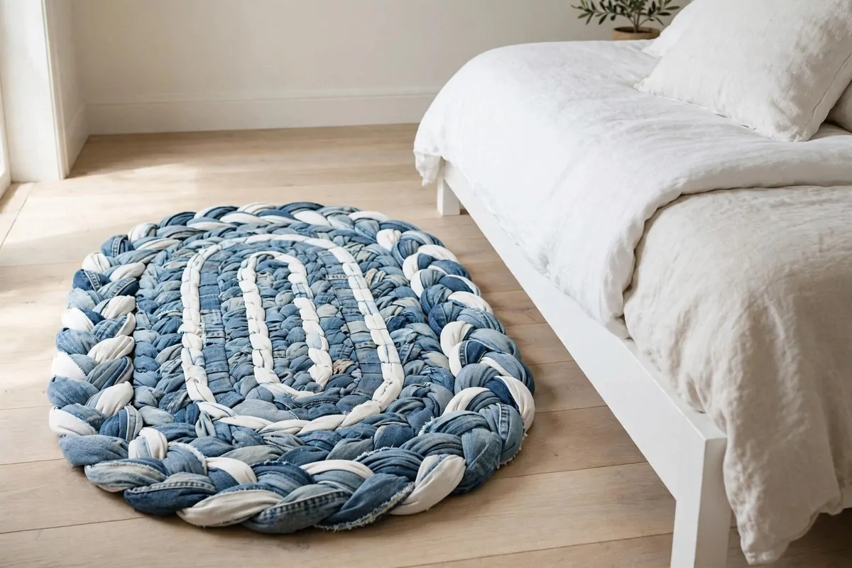 30 DIY Home Decor Projects That Look Store-Bought 30 Braided denim rag rug in faded blue on a light wooden bedroom floor