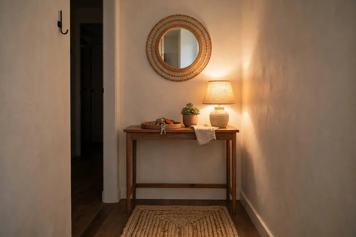30 Home Inspiration Ideas for Every Room in the House 1 Narrow entryway console table with a round mirror above it