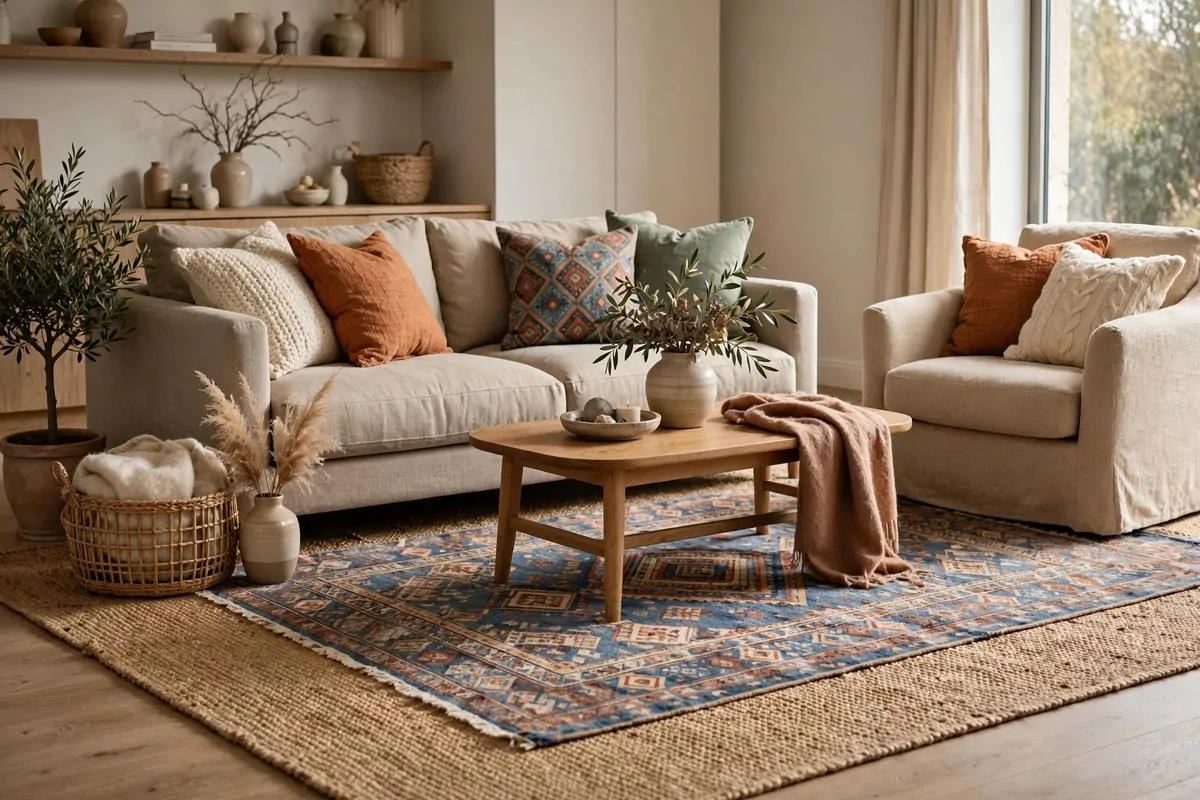 30 Home Inspiration Ideas for Every Room in the House 2 Living room sofa and armchair arranged on a large layered rug