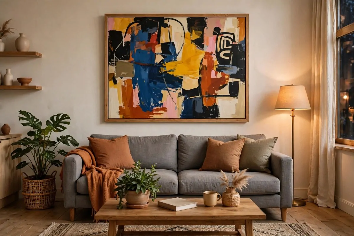 30 Home Inspiration Ideas for Every Room in the House 3 Bold abstract painting hanging above a sofa in a living room