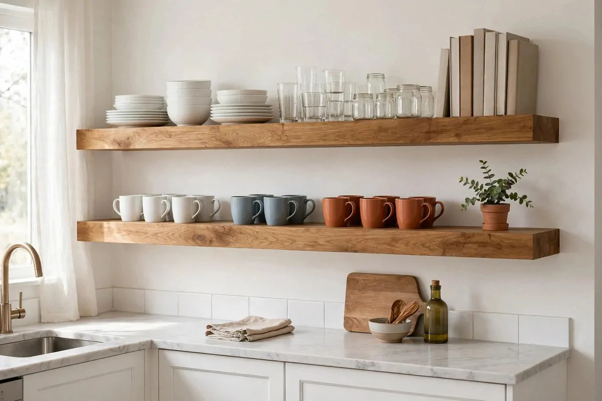 30 Home Inspiration Ideas for Every Room in the House 10 Kitchen with open wooden shelves holding dishes and glasses